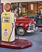 You can find the Red Lion parked by the gas pump in an old gas station turned restaurant.  A painting inside shows the Red Lion and it can be seen once again in the reflection!  Order a burger as you enjoy the view in Cottonwood, AZ.