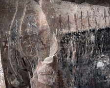 The "Harvest Scene"  pictographs grace the walls above the sacred Agave roasting pit in Palatki Heritage Site, Sedona, Arizona.